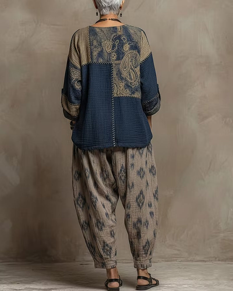 Crew Neck Vintage Patchwork Top + Pattern Tapered Pants Set