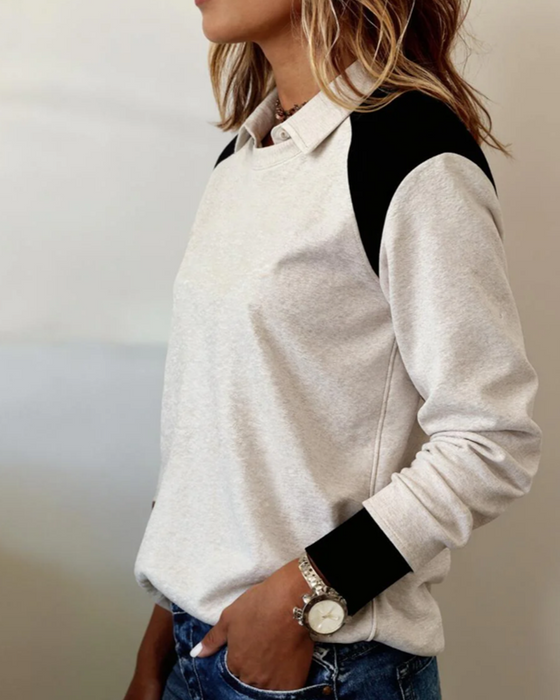 Stylish Lapel Contrast Color Sweatshirt