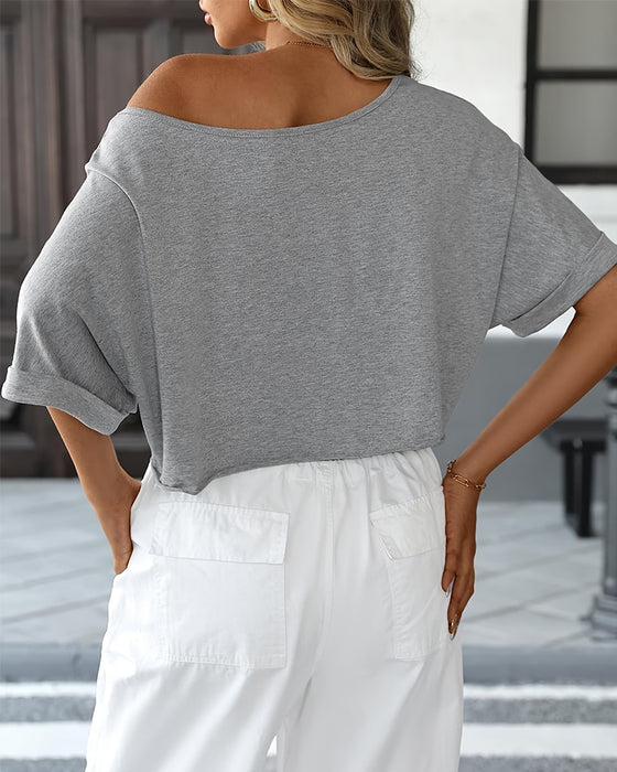 Off-Shoulder Asymmetric Ripped Rolled-Hem T-Shirts