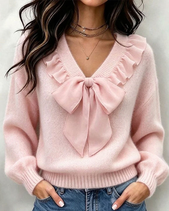 V-Neck Solid-Color Long-Sleeve Pullover With A Bow Detail