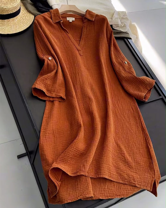 Lapel Solid Color Simple Long Sleeve Dress