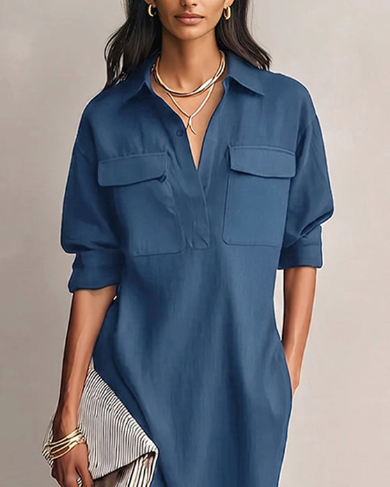 Solid Color Lapel Collar Casual Dress