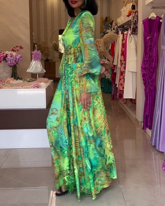 Deep V waisted high-end printed dress