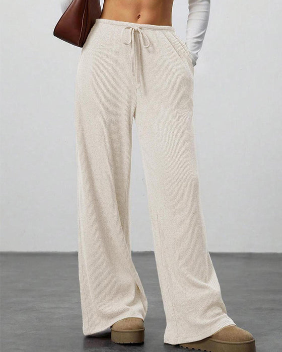 Solid Drawstring Wide-Leg Long Pants