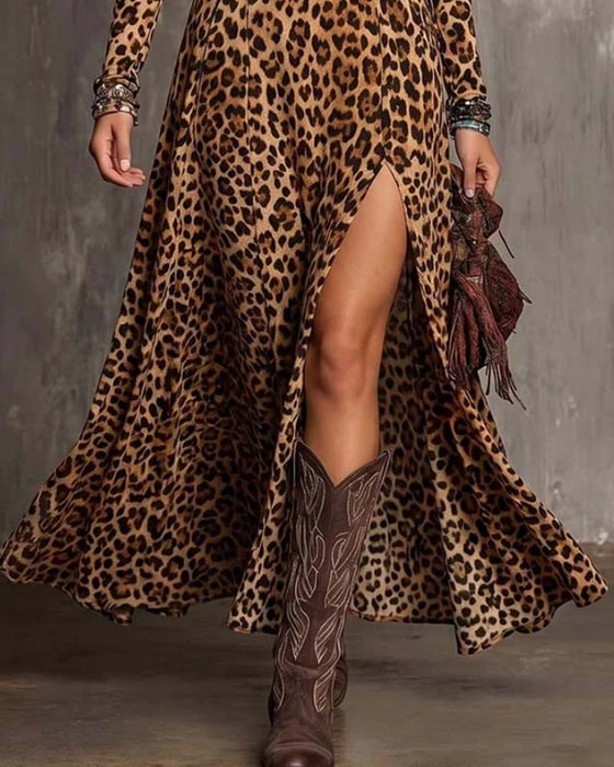 Leopard-Print V-Neck Dress With A Slit