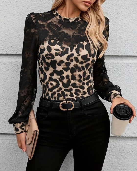 Elegant Leopard Print Lace Long-Sleeve T-Shirt