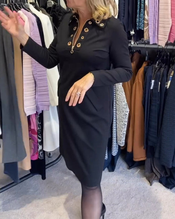 Zippered lapel long-sleeved dress