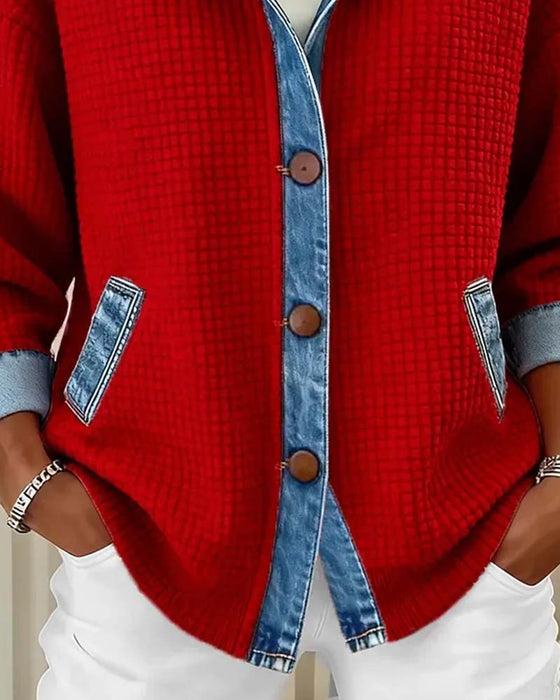 Hooded Button Denim Patchwork Coat