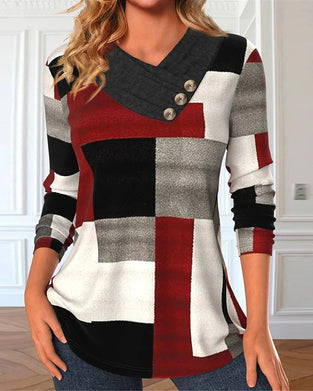 Colorblock Top V-Neck Long Sleeves