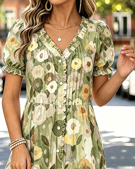 V-Neck Button Bubble Sleeve Dress