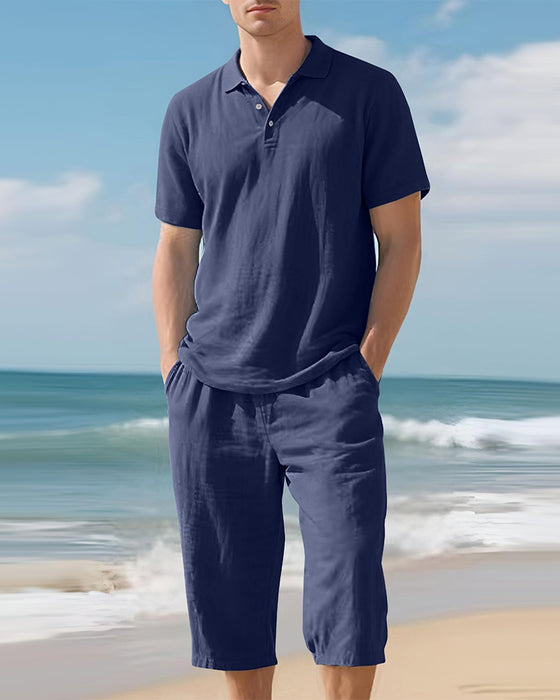 Men's Casual Polo Shirt and Cropped Pants Set
