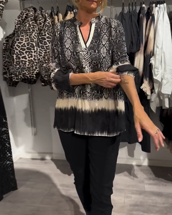 V-neck snake print colorblock blouse