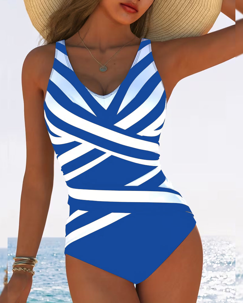 Casual Striped V-Neck One-Piece Swimsuit