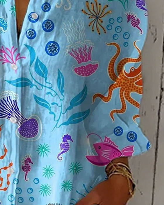 Marine Life Print Button Shirt