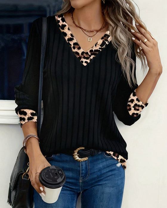 Long Sleeve V-Neck Leopard Patchwork Top