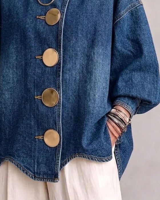 Lapel Buttoned Puff Sleeve Denim Coat