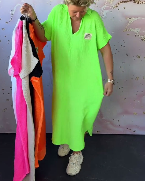 V-Neck Pleated Solid Color Long Dress