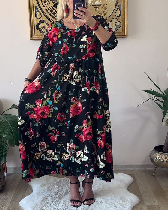 Loose Oversized Round Neck Printed Dress