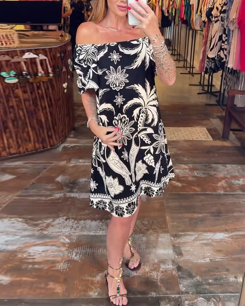 Wide Collar Straight Across Neck Print Dress