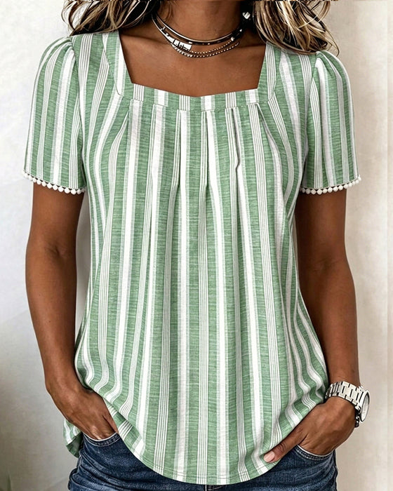 Striped Square-Neck Short-Sleeve Blouse