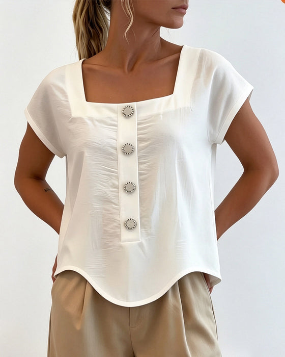 Square Collar Solid Color Blouse