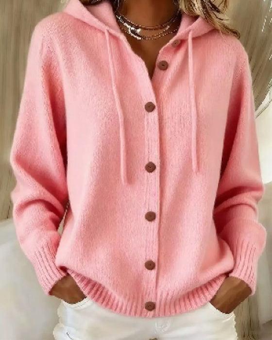 Solid Color Hooded Button-Down Cardigan