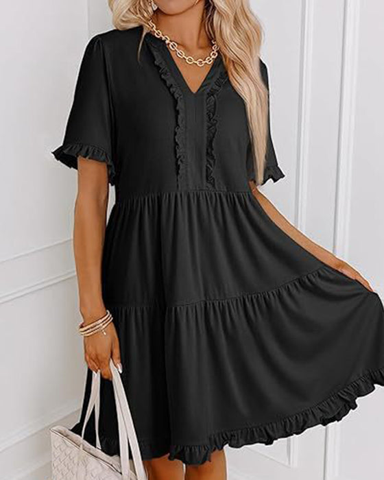 Ruffle Trim V-Neck Tiered Hem Dress