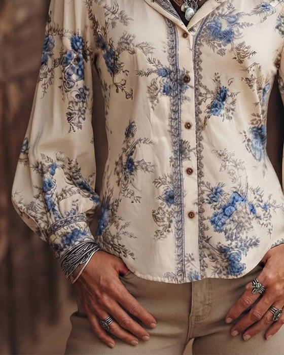 Vintage-Style Floral Long-Sleeve Shirt With A Collar