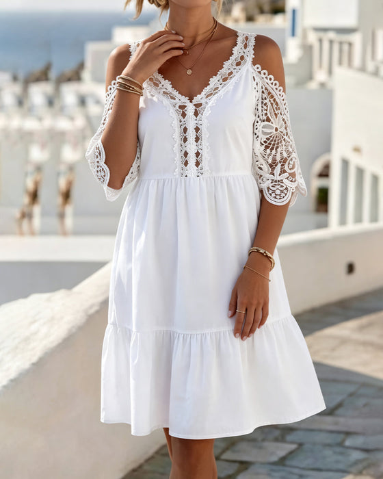 Lace Off-Shoulder Tiered Short Dresses