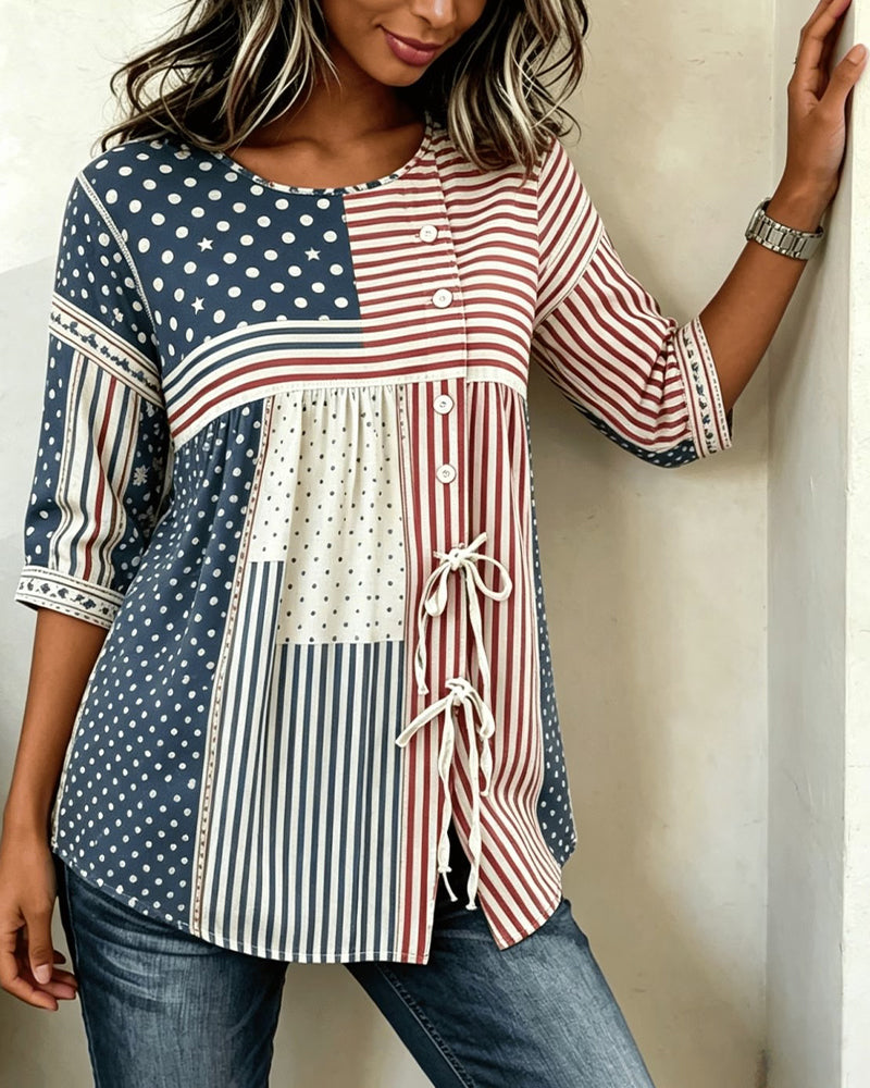 Flag Print Patchwork Tie Blouse