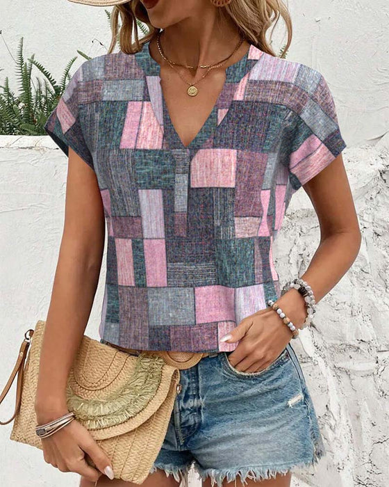 Casual Plaid V-Neck Blouse
