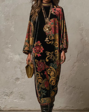 Mock-Neck Floral Velvet Long-Sleeve Maxi Dress