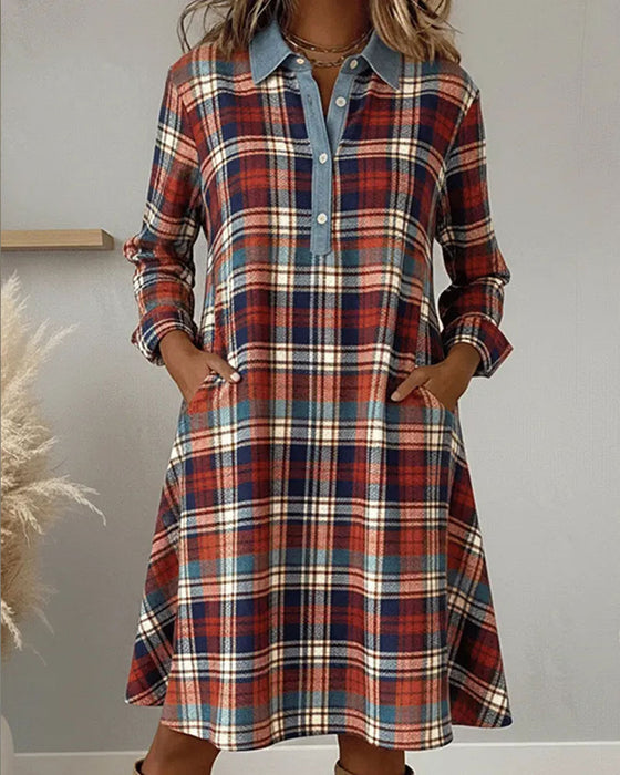 Lapel Collar Button Pocket Plaid Spliced Dress