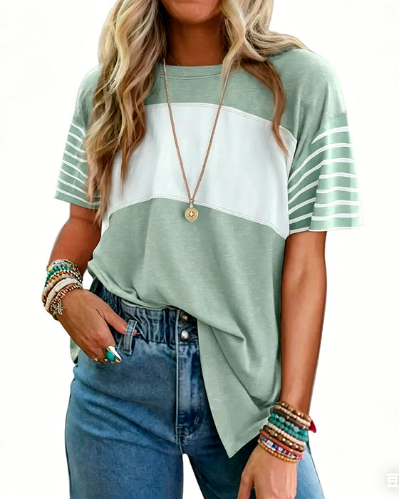 Pullover Striped Color-Block Short-Sleeve T-Shirt