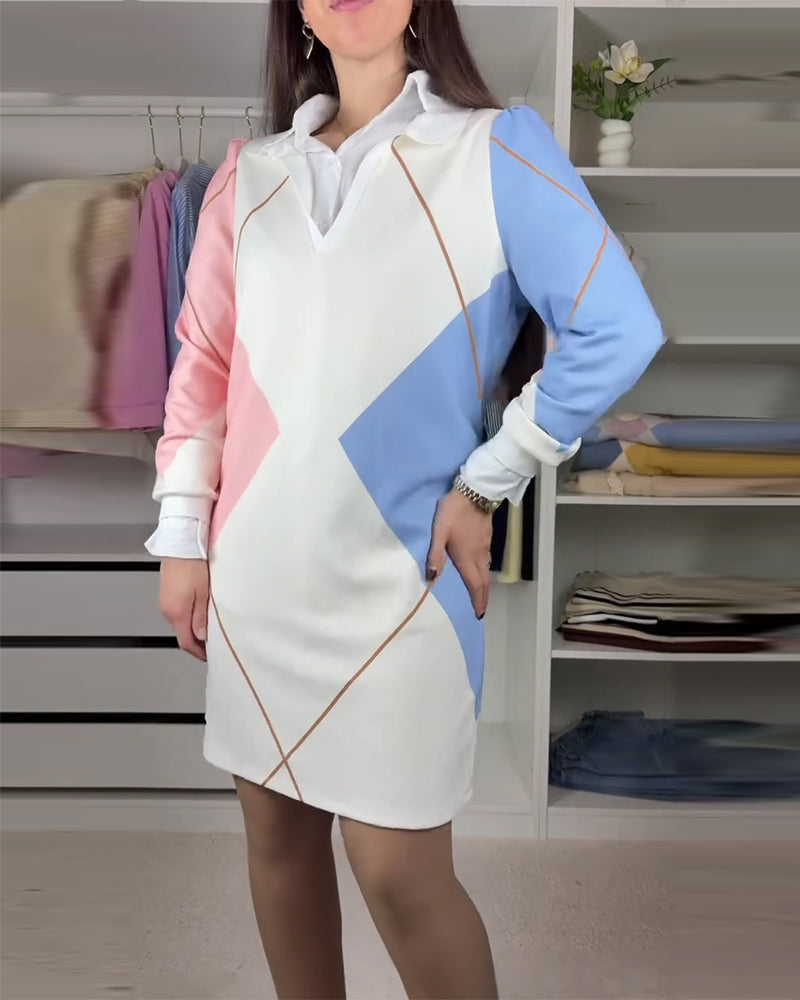 Lapel Geometric Shift Dress