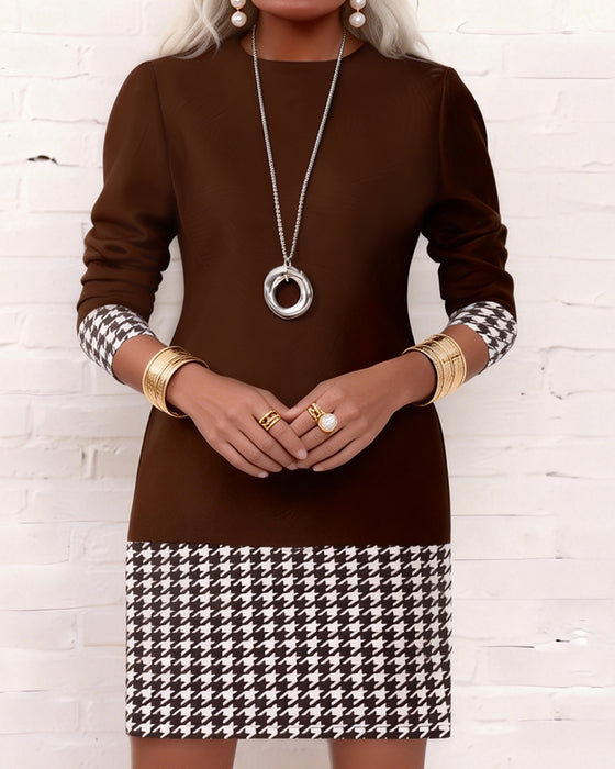 Houndstooth Paneled Long-Sleeved Dress