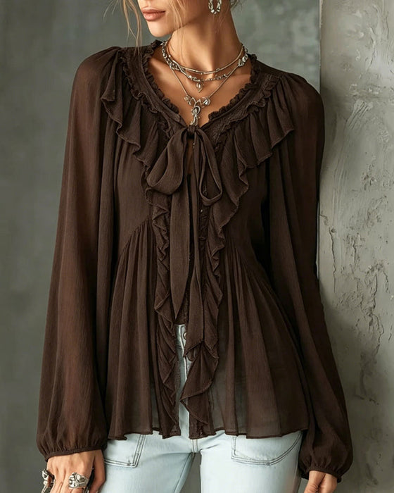 Ruffled V-Neck Tie Blouse