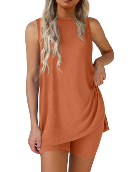 Sleeveless Top And Shorts Solid Color Set