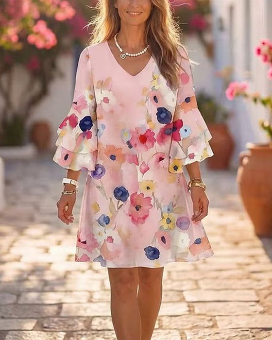 Watercolor Print Flare Sleeve Short Dress