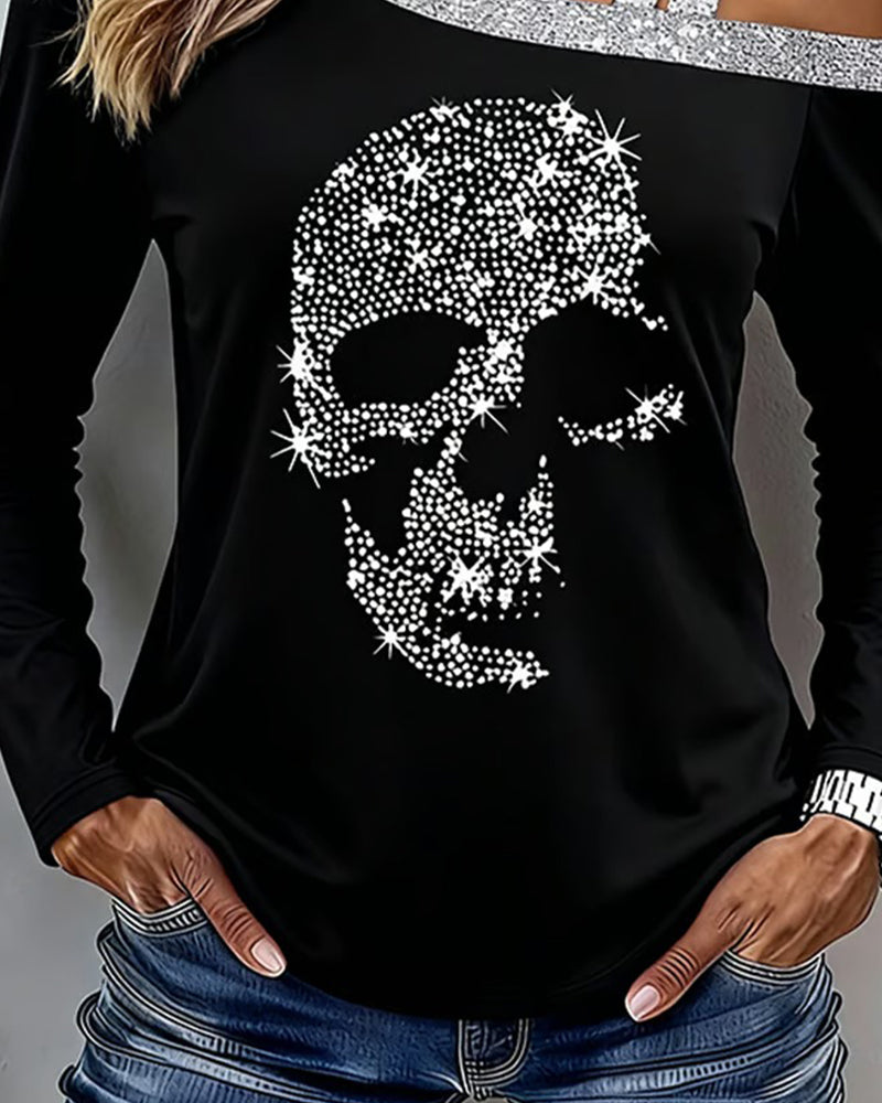 Off-The-Shoulder Skull Print Long-Sleeved Top
