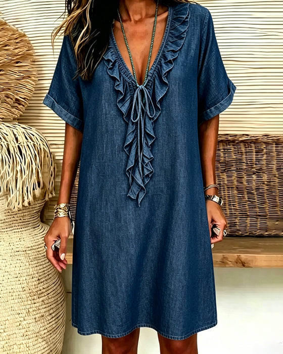V-Neck Denim Ruffle Dress