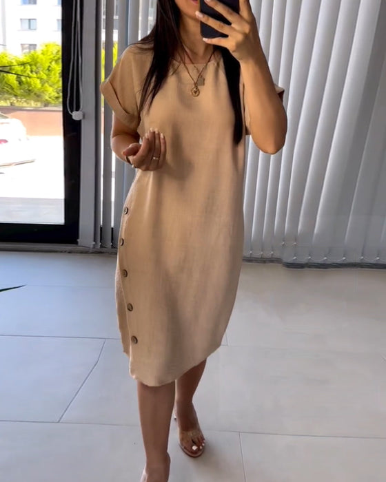 Round Neck Casual Dress with Buttons