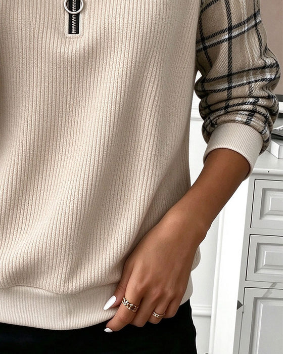 Round Neck Zipper Plaid Sweatshirt