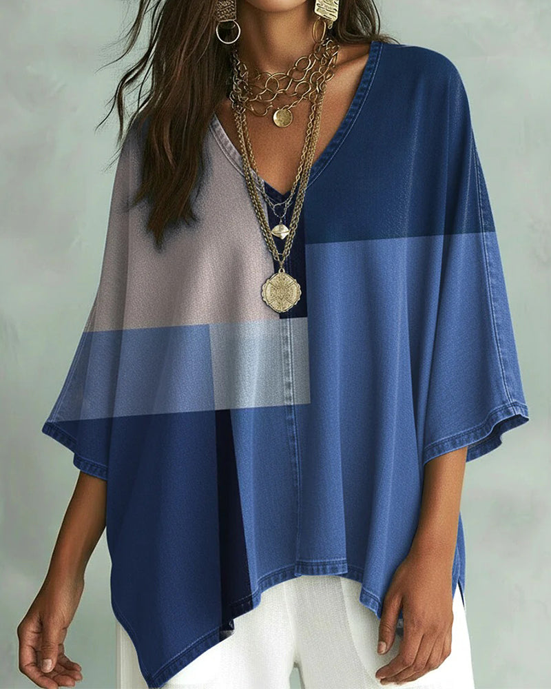 V-Neck Color Block Loose Top