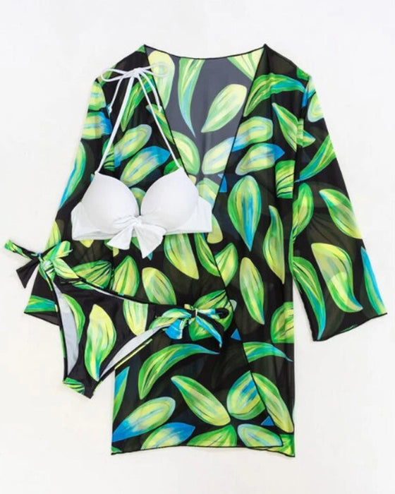 Printed bikini mesh blouse three-piece set