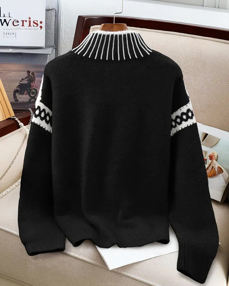 High Neck Patterned Contrast Sweater