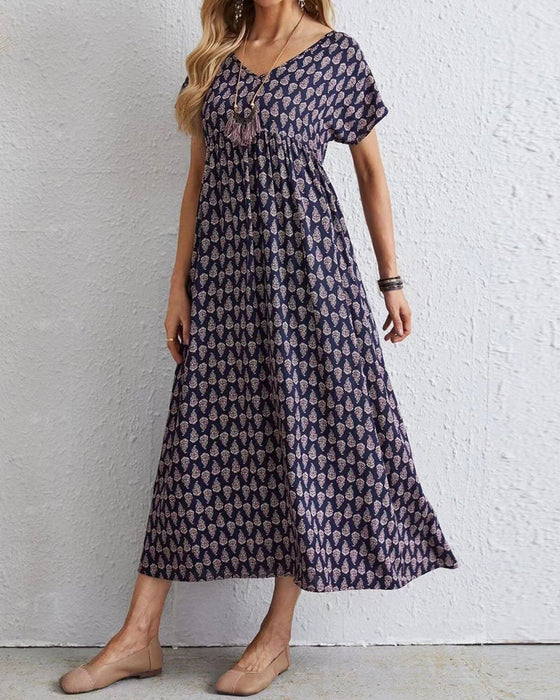 V neck short sleeve long dress