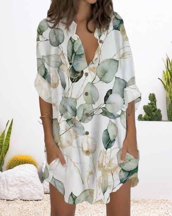 Printed button long sleeve pocket dress