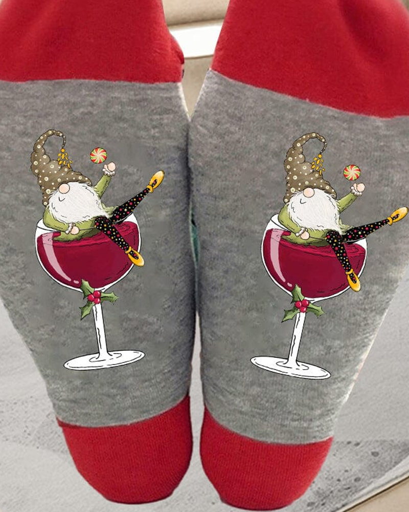 🧦Christmas gnome wine glass unisex crew socks🧦