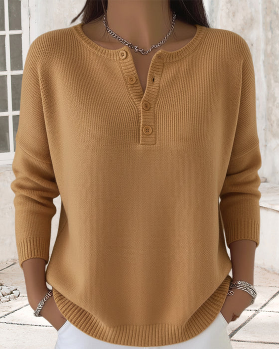 Long-Sleeved Button-Down Solid Color Sweater
